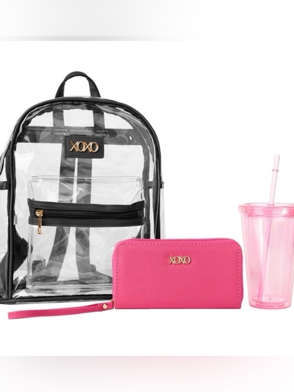 XOXO 3pc Set‼️ Clear Backpack w/Zip Wristlet-Wallet & Lidded Tumbler/Straw - NWT